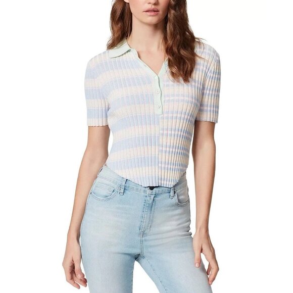 Frayed Denim Ribbed Collared Top Tennis Stripes 80s 90s Preppy Size Large - Picture 2 of 14